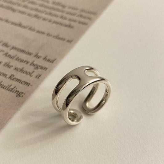 Anillo de plata de ley 925 pulida con forma de H, doble capa y diseño geométrico vintage
