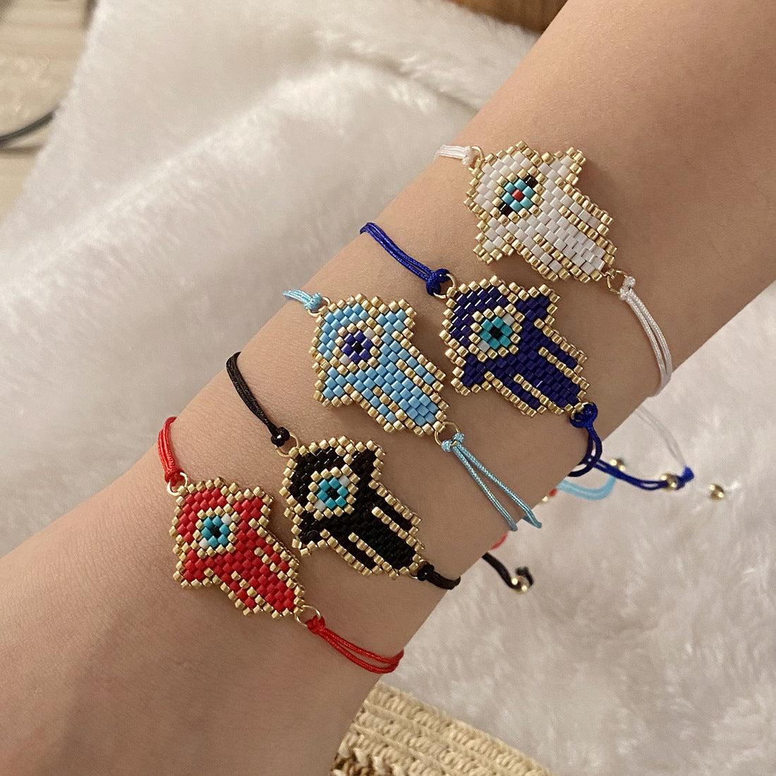 Handmade Woven Glass Beaded Palm Bracelet with Evil Eye Charm for Women