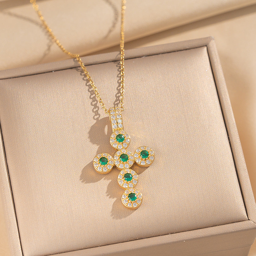 Minimalist Cross Pendant Necklace for Women in Titanium Steel with Micro-Paved Green Zirconia, Hypoallergenic Gold-Plated Finish