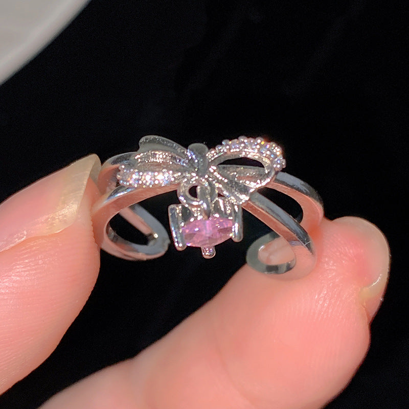 Sweet Cubic Zirconia Inlay Brass Bow Ring for Women
