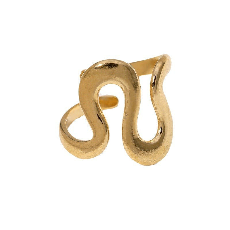 Anillo de titanio y acero geométrico minimalista de extremo abierto para mujer con acabado galvanizado y detalle lineal