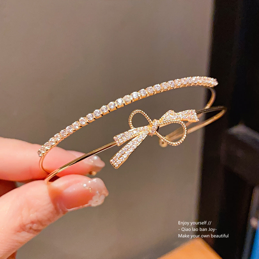 Minimalist Sweet Cubic Zirconia Inlaid Brass Bow Cuff Bracelet for Women