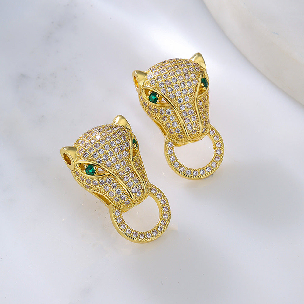 Hip-hop Geometric Leopard Head Brass Gold Plated Cubic Zirconia Stud Earrings for Women