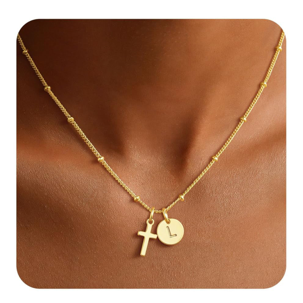 Luxury Elegant Stainless Steel Plated Cross Letter Pendant Necklace Ball Chain Women's Jewelry