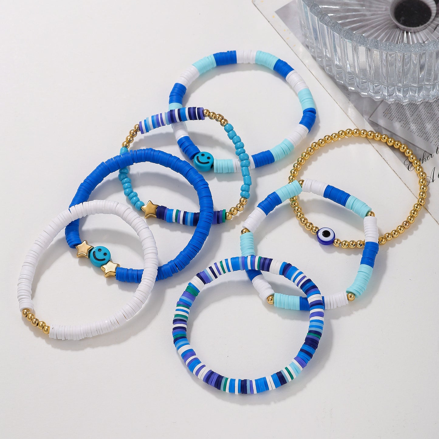 Bohemian Handmade Geometric Heart and Letter Resin Bead Bracelet Set with Stainless Steel and Brass Accents for Unisex