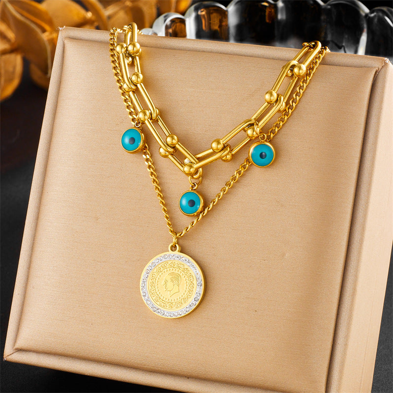 Collana Pendente Mano e Occhio in Acciaio Inossidabile Placcato Oro Doppio Strato Vintage