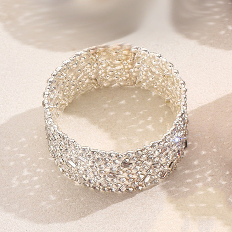 Set di bracciali da donna in lega di zinco con intarsi in strass, stile geometrico minimalista e polsino ampio