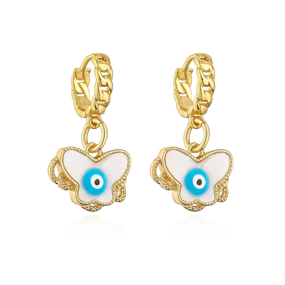 Orecchini Pendenti Minimalisti a Forma di Farfalla in Rame con Placcatura in Oro e Dettaglio Occhio in Smalto da Donna