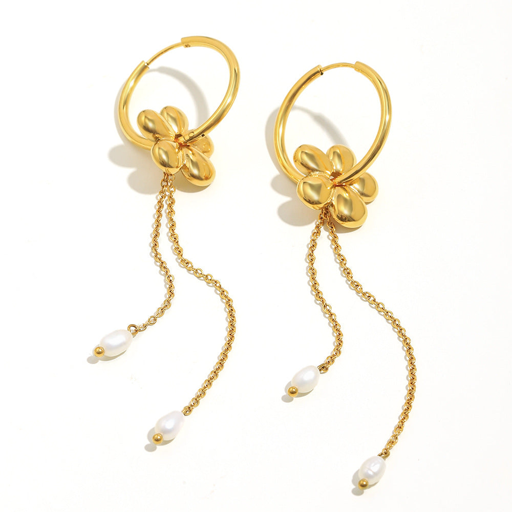 Minimalist Floral Stainless Steel Earrings with 18K Gold Plating, Pearl and Tassel Accents for Women