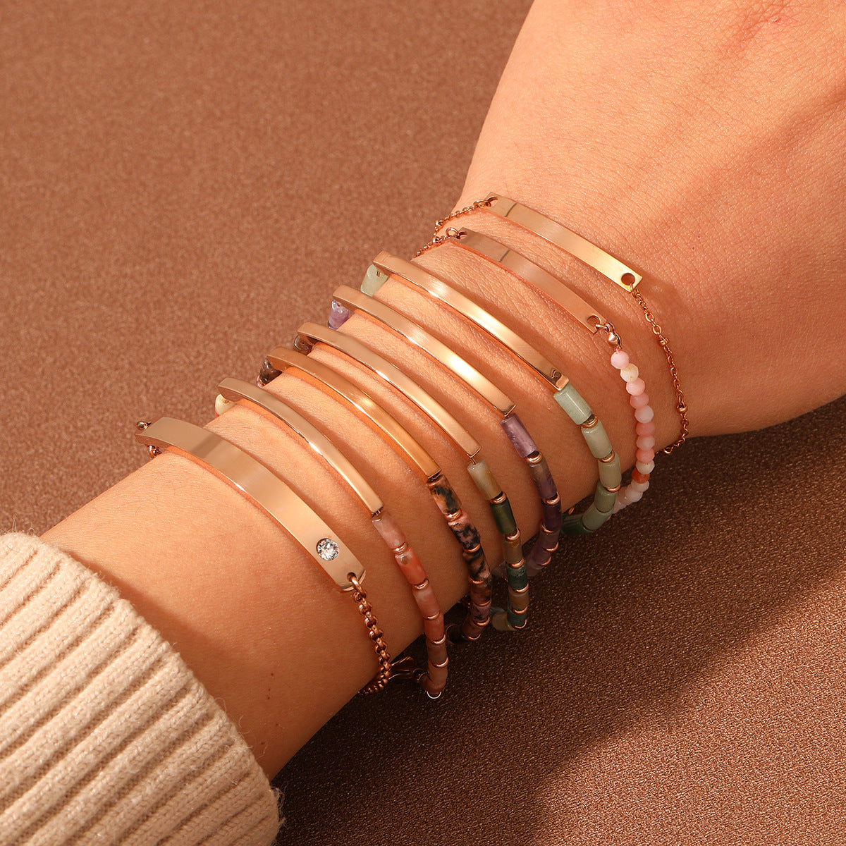 Bracciale da donna in acciaio inossidabile placcato oro 18K con motivo a nodi di bambù, design geometrico rettangolare, stile ufficio minimalista