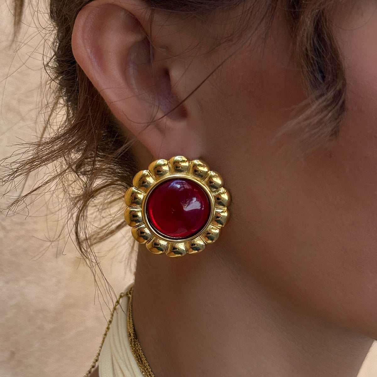 Vintage Luxury Geometric Round Agate Inlay Plated Stainless Steel Earrings for Women