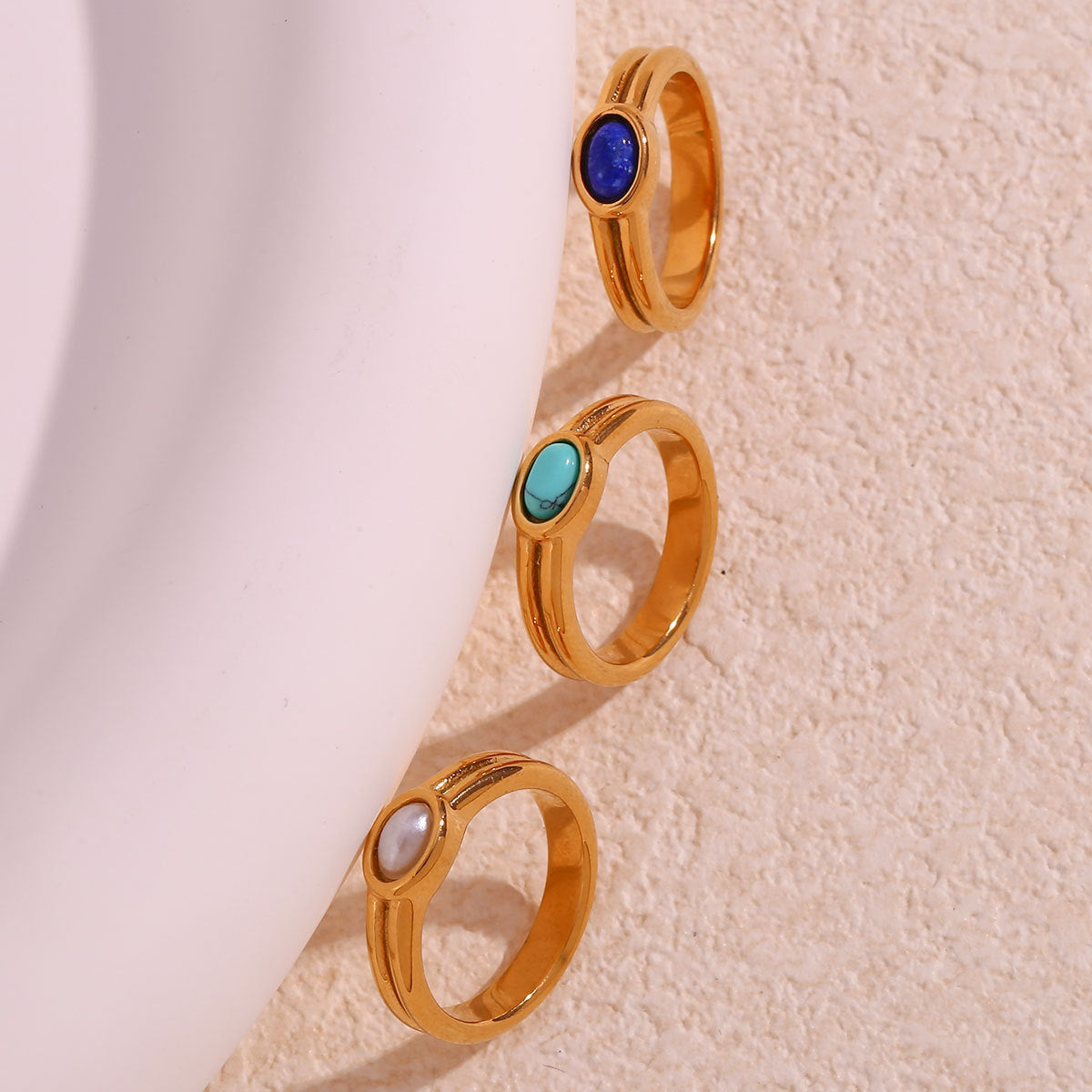Minimalist Geometric Stainless Steel Ring with 18K Gold Plating and Natural Stone for Women