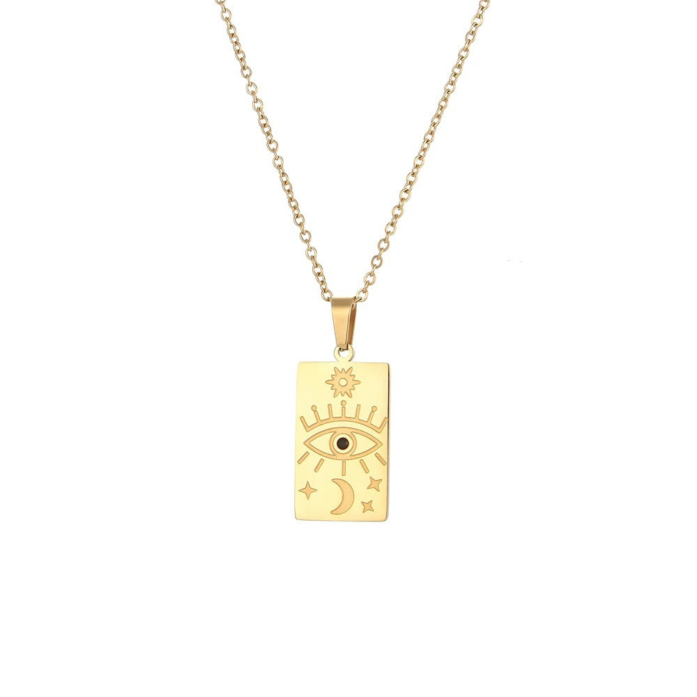 Vintage Geometric Pendant Necklace for Women Stainless Steel with 18K Gold Plating and Zircon Inlay
