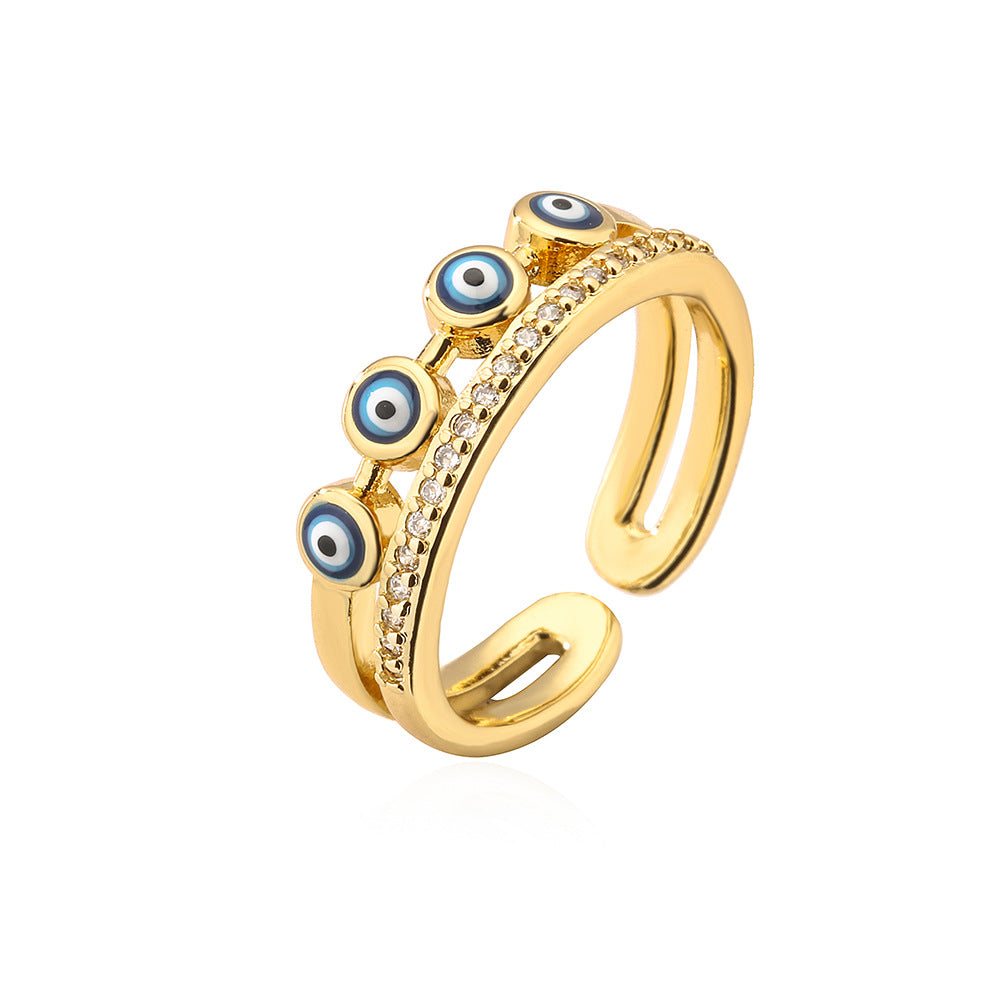 Geometric Open Eye Ring for Women with Copper Base Plated in 18K Gold and Enamel Finish Featuring Evil Eye Design
