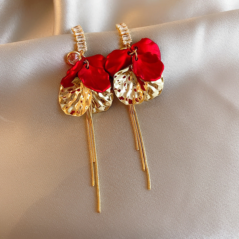 Elegant Geometric Dangle Stud Earrings for Women with Red Tassels, Alloy Base and Gold Plated Finish
