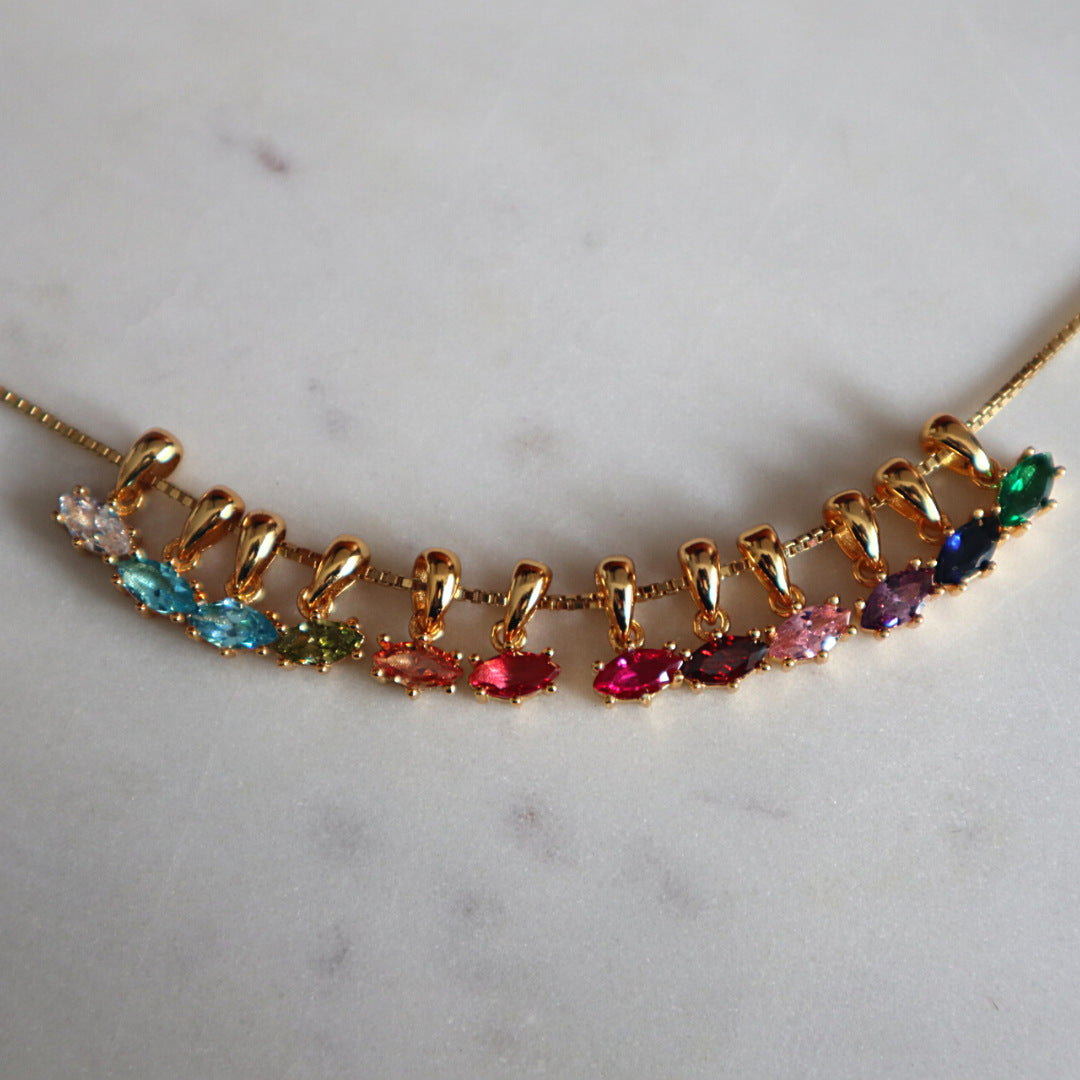 Elegant Geometric Marquee Cut Birthstone Pendant Necklace Brass Plated Titanium Steel
