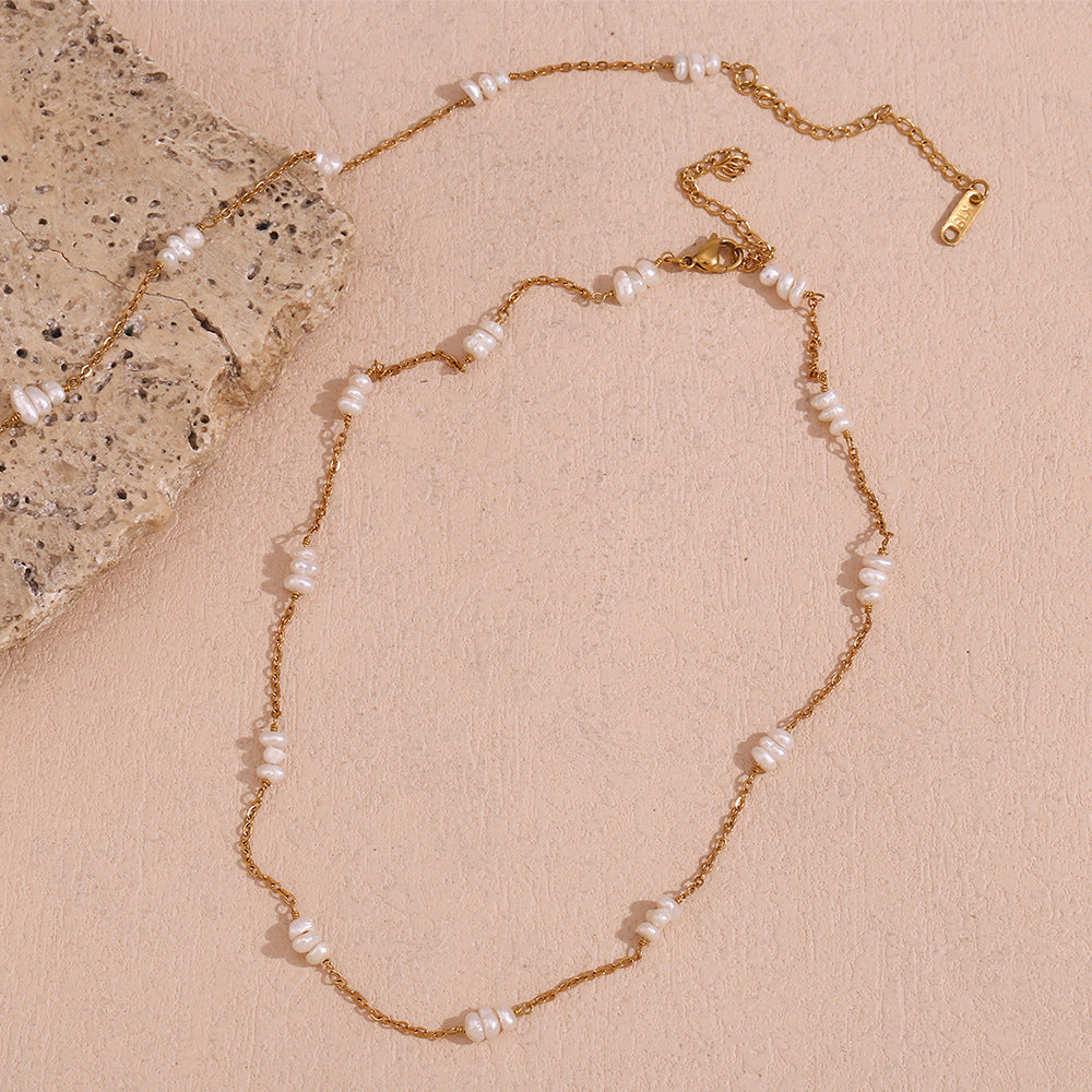 Fashionable Geometric Stainless Steel Necklace with 18K Gold Plating, Freshwater Pearl Beads, and Titanium Steel Pendant for Women