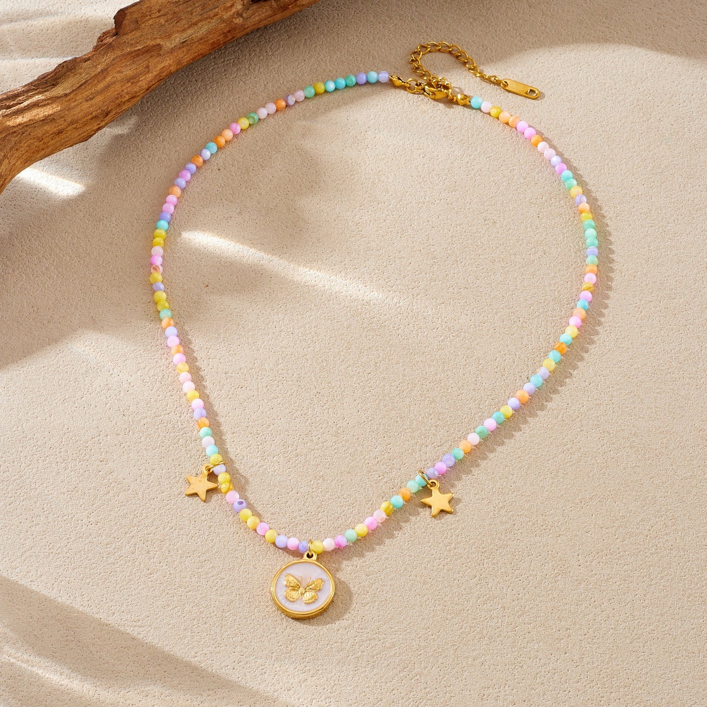 Sweet Bohemian Colorful Drip Oil Butterfly Star Round Stainless Steel Beaded Necklace