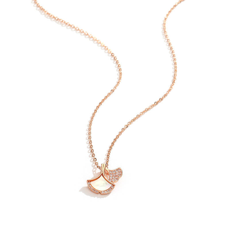 Minimalist Ginkgo Leaf Pendant Necklace in Titanium Steel with White Mother-of-Pearl Inlay on Ball Chain