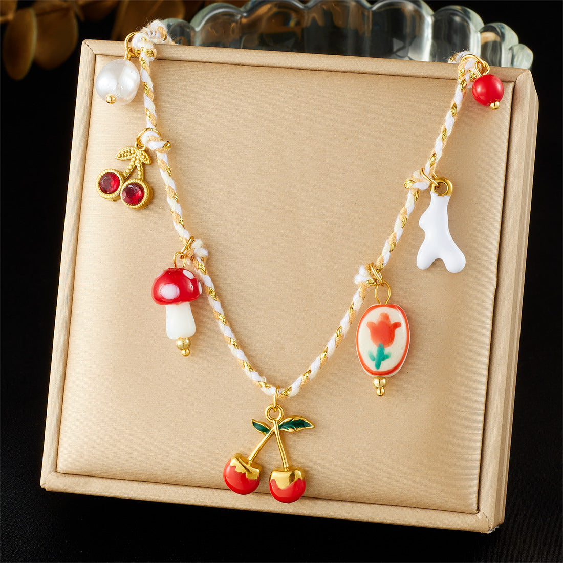 Sweet Gold Plated Drip Oil Ceramic Flower Pendant Stainless Steel Rope Chain Necklace for Women