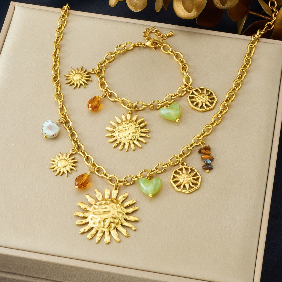 Fashion Elegant Floral Heart Geometric Stainless Steel Plated Pendant Necklace and Bracelet Set with Beaded Sunflower Design for Women