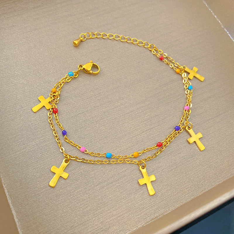 Minimalist Colorful Drip Oil Cross Geometric Titanium Steel Bracelet for Women