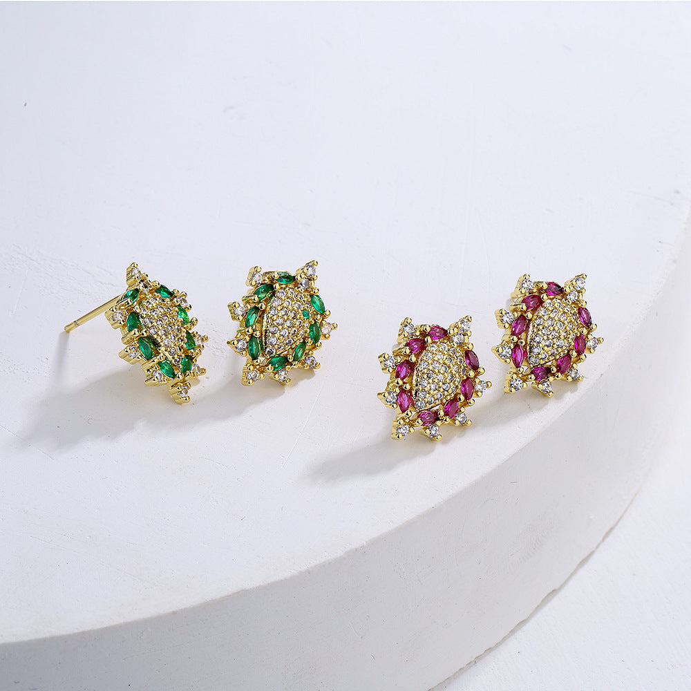 Geometric Earrings for Women in Copper with 18K Gold Plating and Full Zircon Inlay, Minimalist Luxury Style