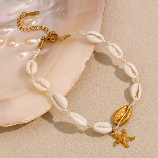 Tobillera Minimalista con Forma de Estrella de Acero Inoxidable con Baño de Oro de 18K para Mujer, Temática de Playa