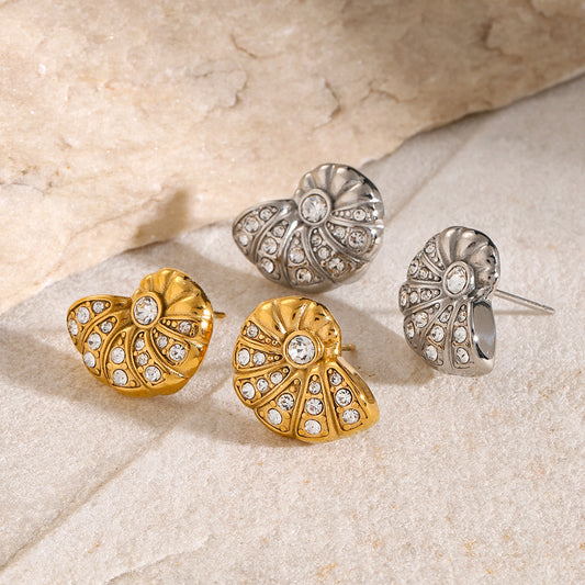 Unique Ins Style 18K Gold Plated Stainless Steel Conch Earrings with Rhinestone Inlay for Women