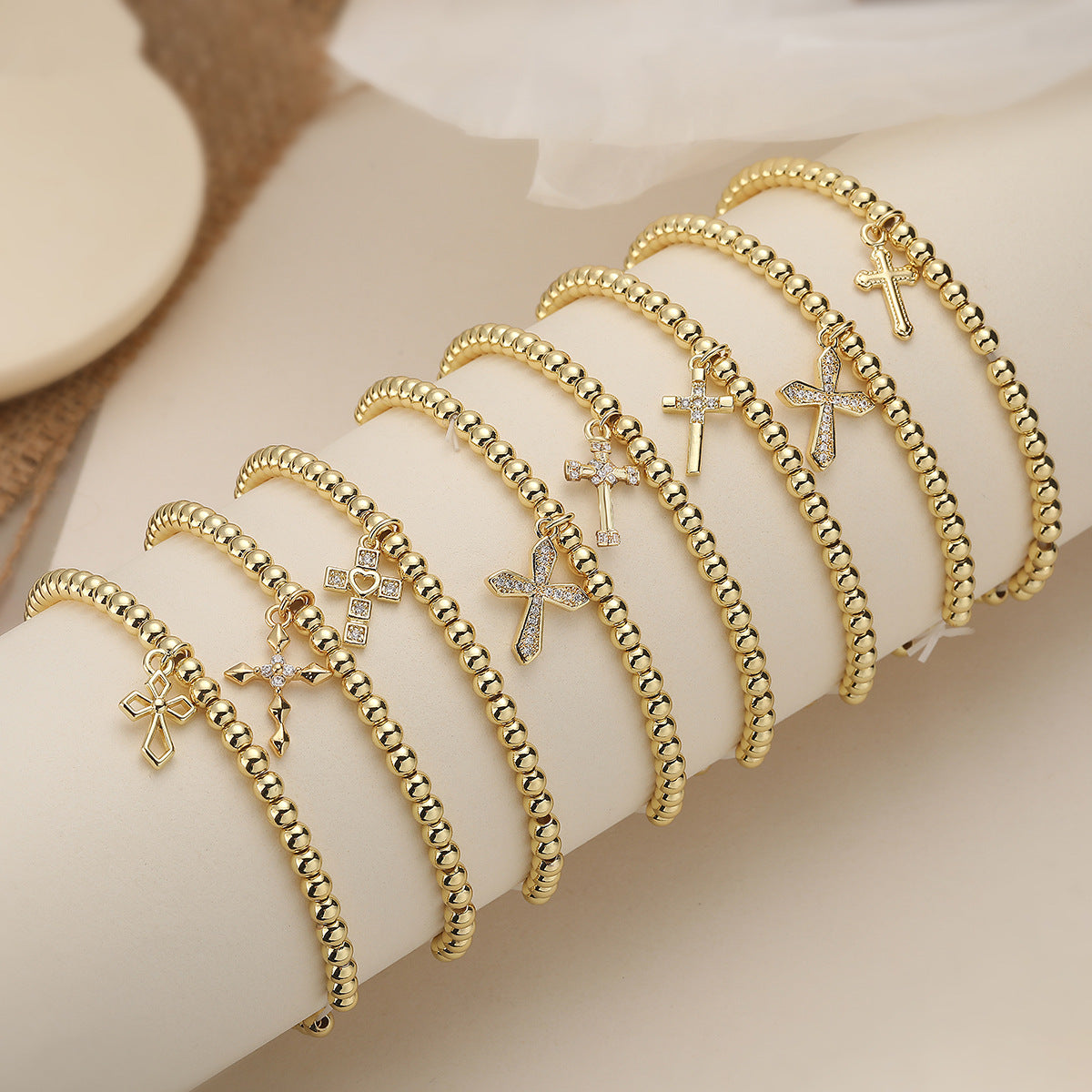 Minimalist 18K Gold Plated Brass Cross Pendant Ball Chain Bracelet with Cubic Zirconia for Women