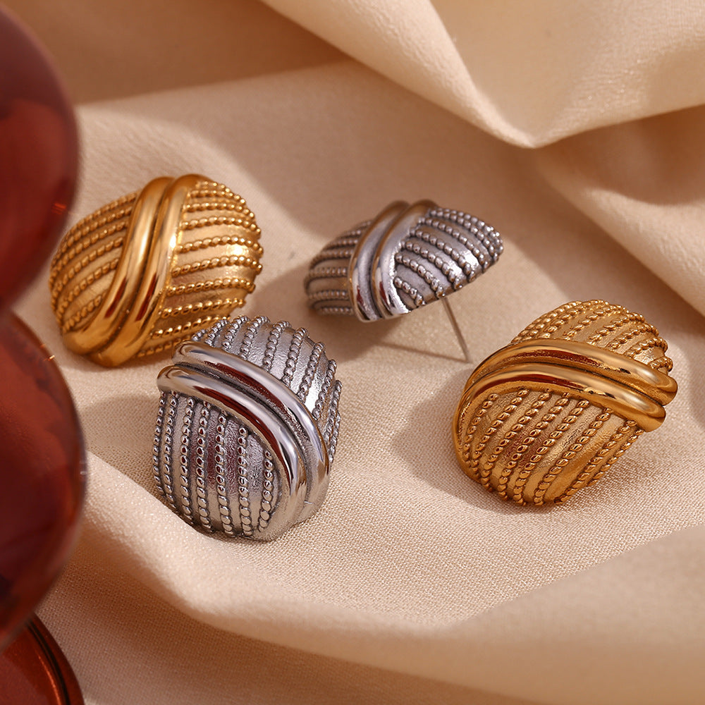 Vintage-Inspired Geometric Stainless Steel Ear Studs with 18K Gold Plating Oval Cross-Line Design for Women