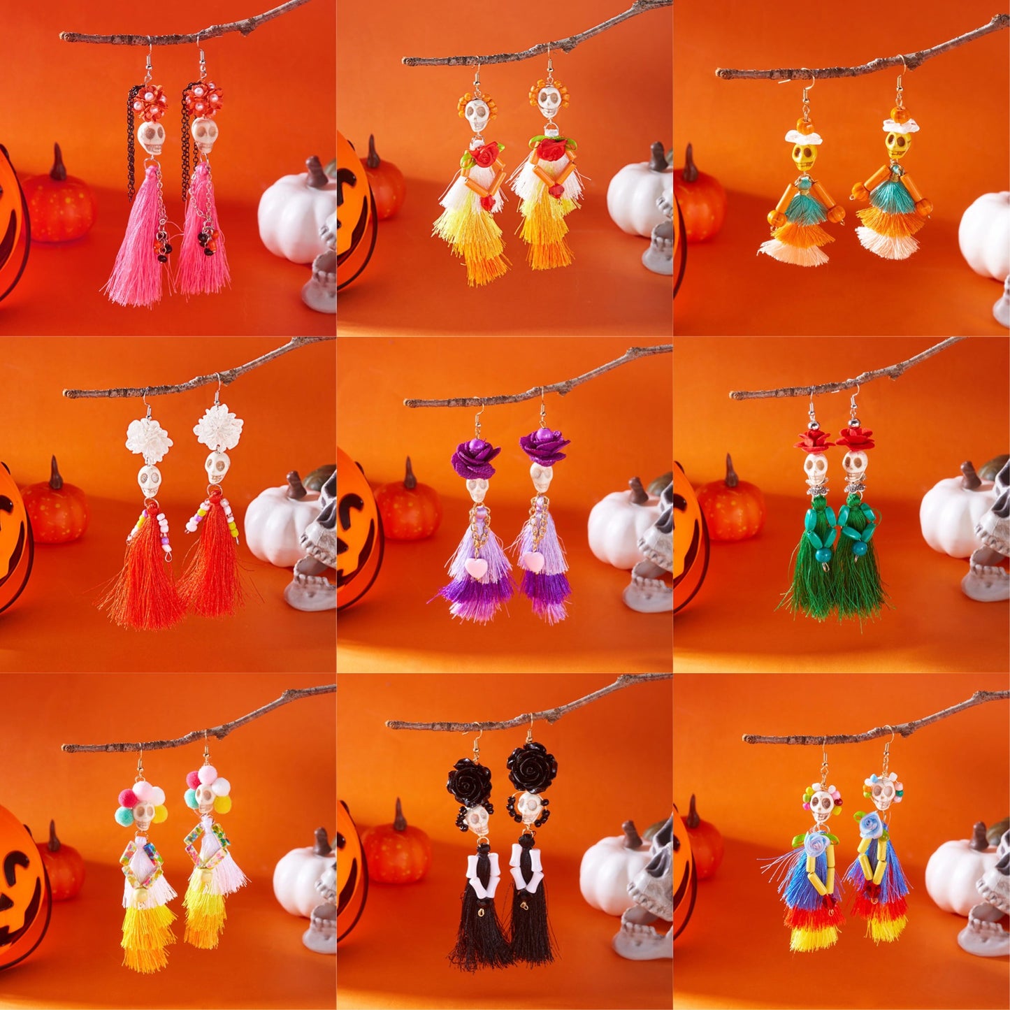 Orecchini con teschio di Halloween in resina con nappe, forme geometriche e di insetti, orecchini pendenti alla moda fatti a mano per le donne