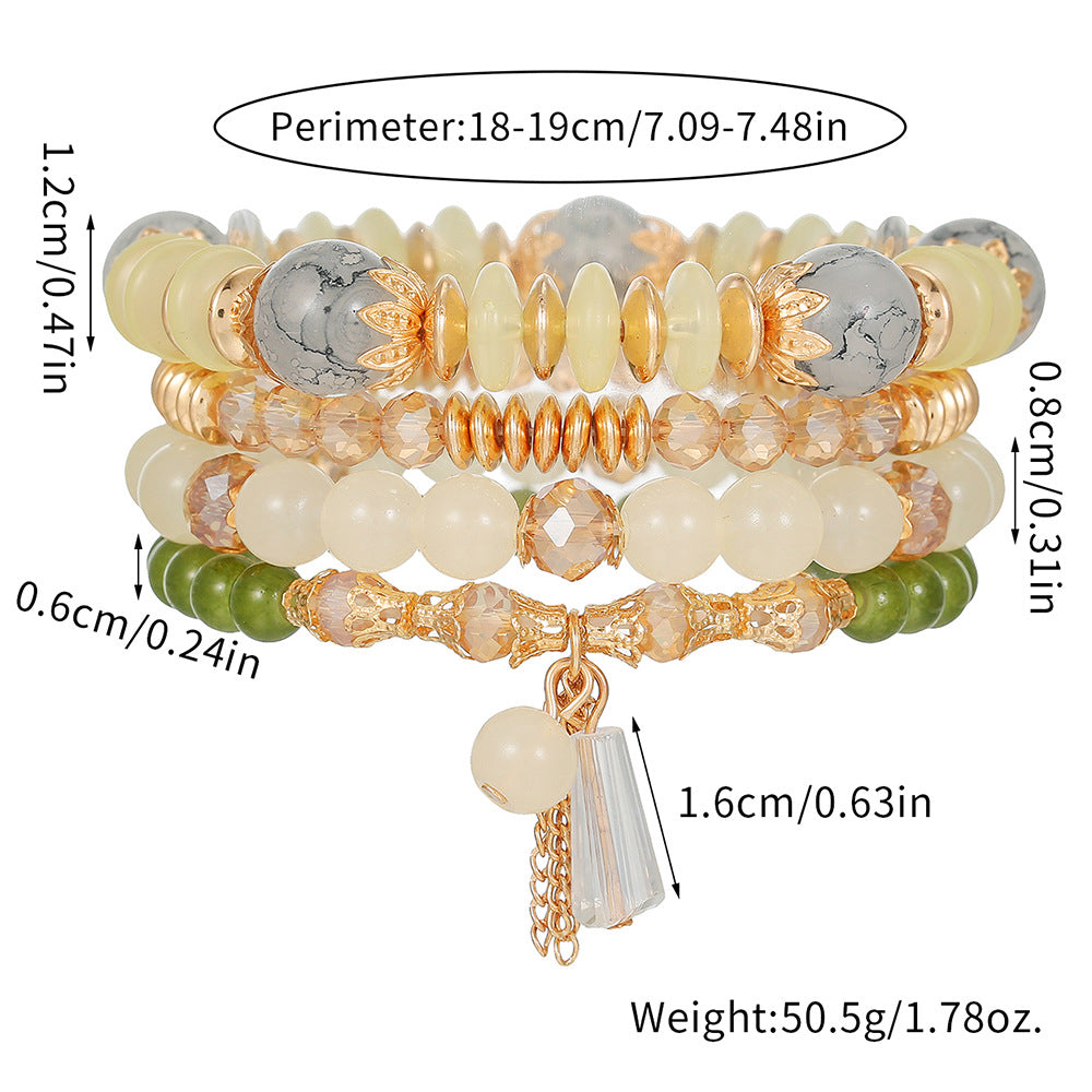 Bohemian Ethnic Geometric Round Glass Agate Crystal Tassel Multi-layer Bracelet