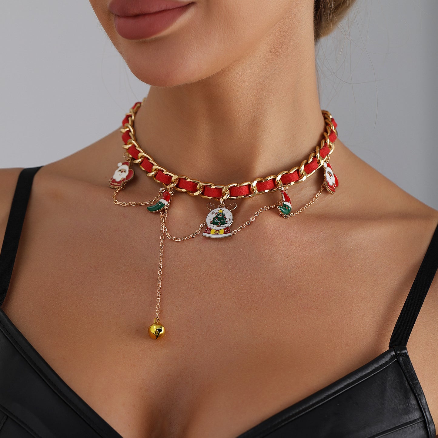 Geometric Alloy Plated Ribbon Woven Choker Necklace with Christmas Bell for Women