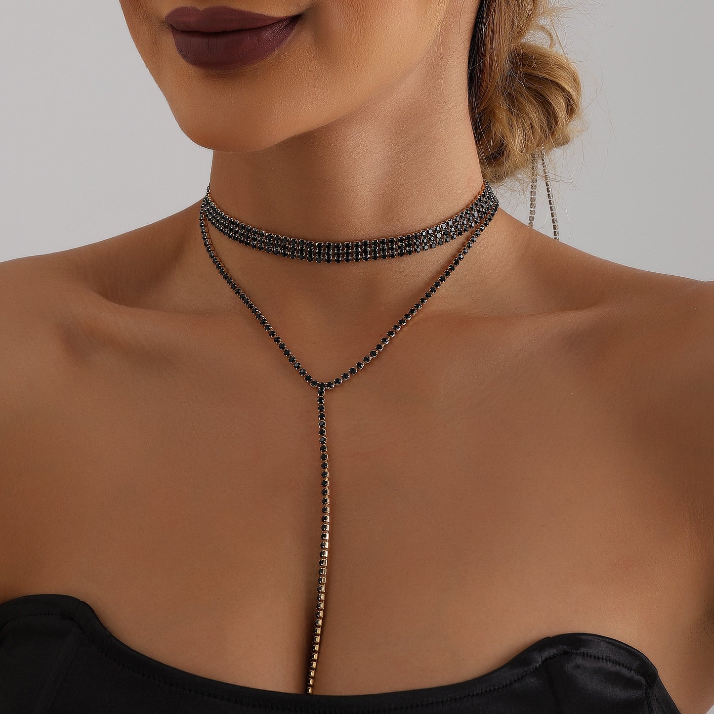 Geometric Style Long Layered Tassel Necklace for Women with Electroplated Metal Chain and Rhinestone Accents