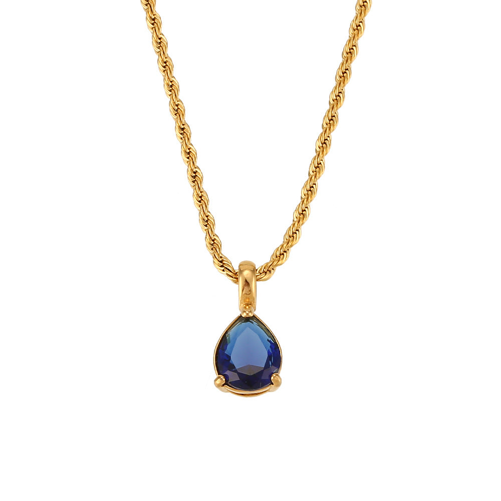 Fashionable Vintage Geometric Stainless Steel Twisted Rope Necklace with Teardrop Rhinestone Pendant for Women