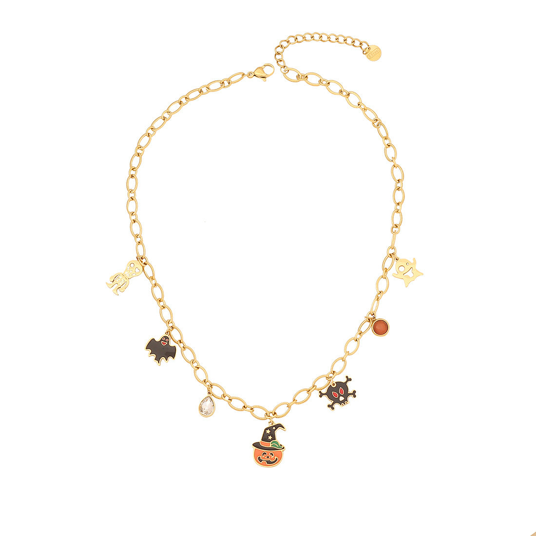 Collana con ciondolo teschio e zucca "Edgy" per Halloween da donna in acciaio inossidabile con finitura placcata