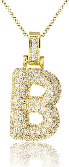 14K Gold Plated Brass Letter Pendant Necklace with Cubic Zirconia Inlay Box Chain for Women
