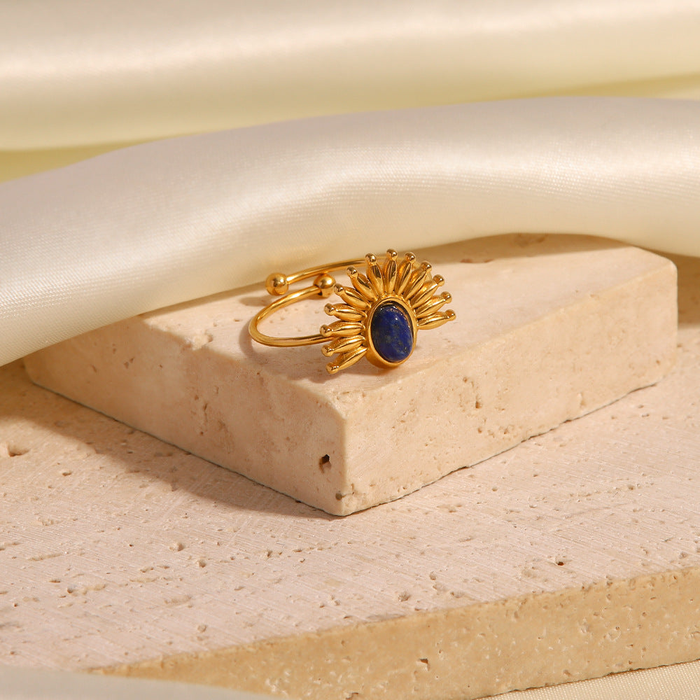 Anello da donna geometrico open-end ispirato a INS in acciaio inossidabile con placcatura in oro 18 carati e intarsio in lapislazzuli