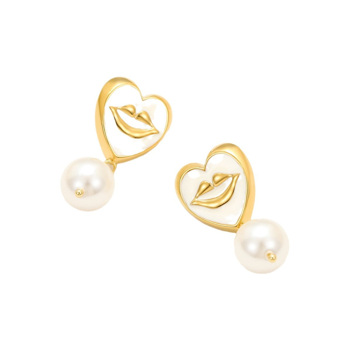 18K Gold Plated Stainless Steel Heart and Lips Pearl Drop Earrings for Women