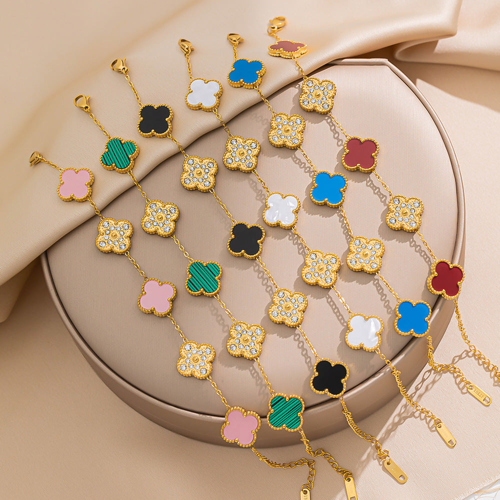 Elegant Four-Leaf Clover Bracelet in Titanium Steel with Rhinestone Inlay, Dual-Wear Design for Women and Men, Electroplated for Hypoallergenic Wear