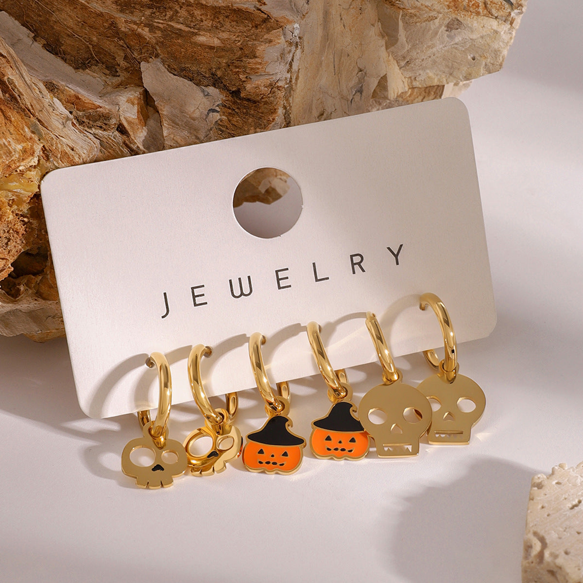Geometric Stainless Steel Plated Pumpkin Skull Hoop Earrings for Women