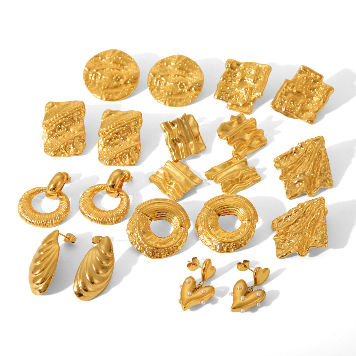 Geometric Stainless Steel Earrings for Women with 18K Gold Plating and Hammered Texture Titanium Steel Finish