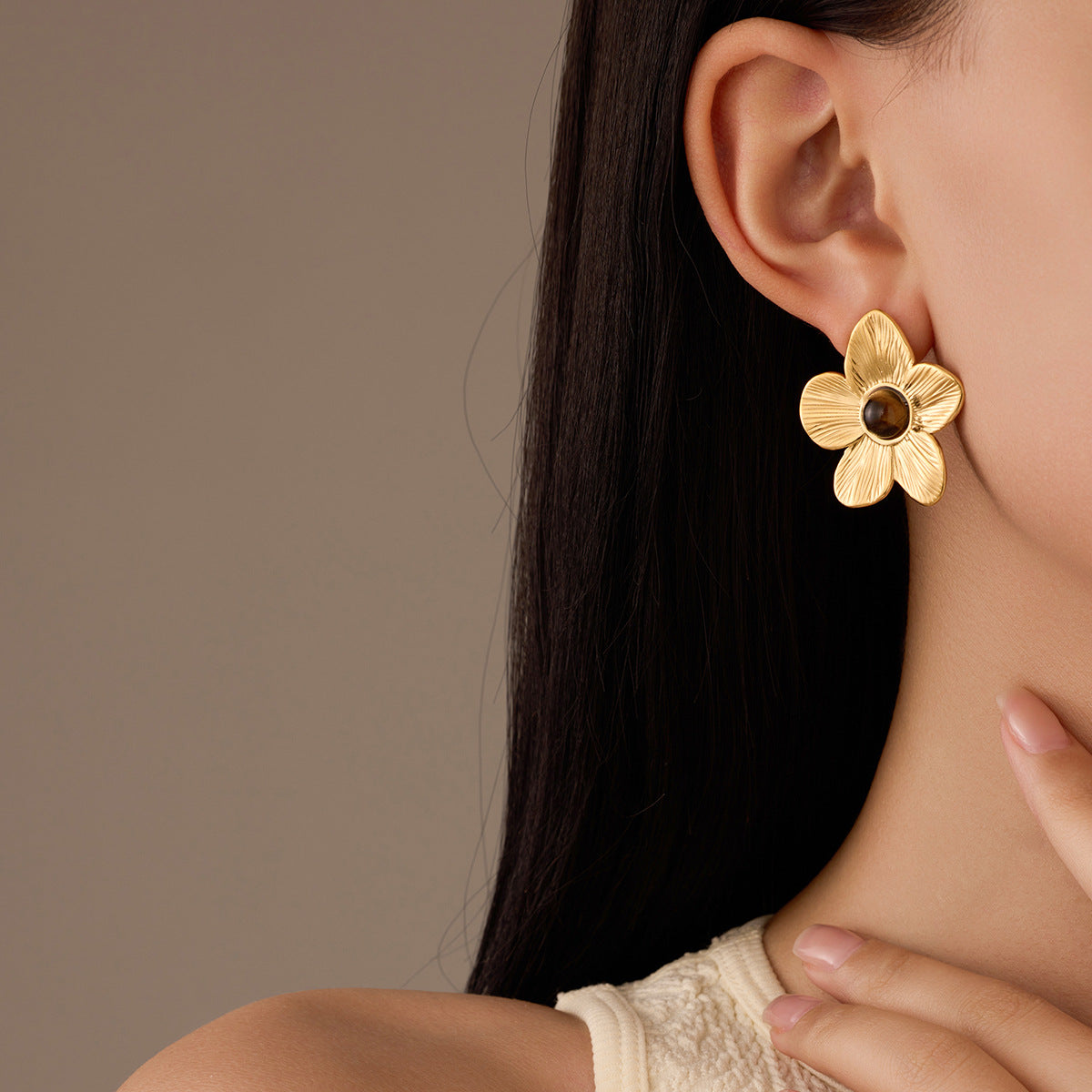Pendientes de Acero Inoxidable con Forma de Flor Estilo Francés Vintage, Baño de Oro de 18K e Incrustaciones de Ojo de Tigre para Mujer