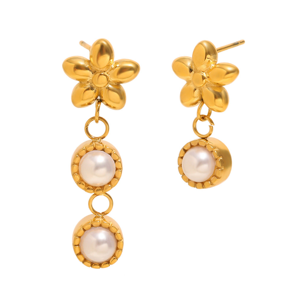 Minimalist Asymmetrical Flower Stud Earrings in Stainless Steel with 18K Gold Plating and Simulated Pearl Accents