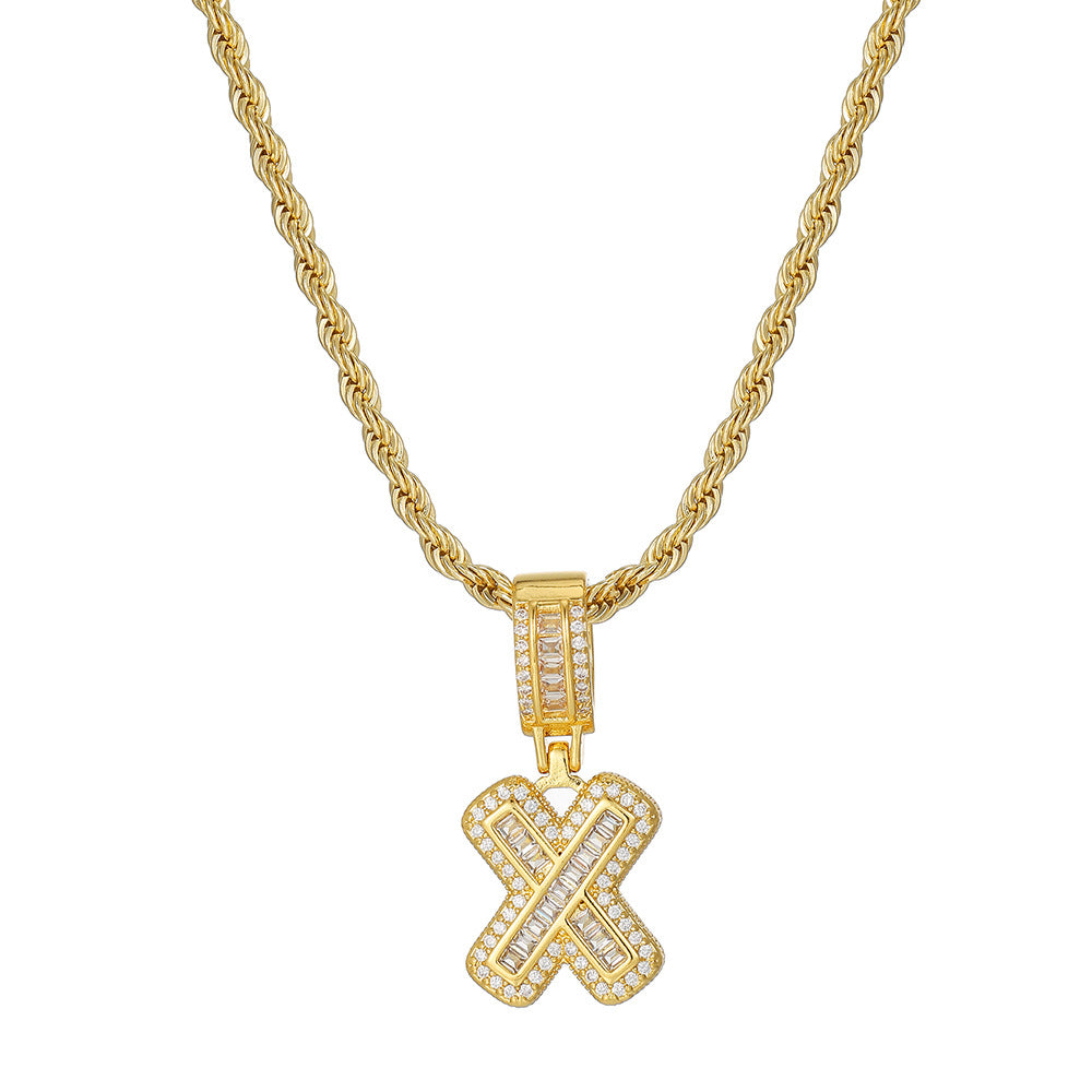 Personalized 18K Gold Plated Brass Cubic Zirconia Letter Pendant Necklace with Stainless Steel Rope Chain