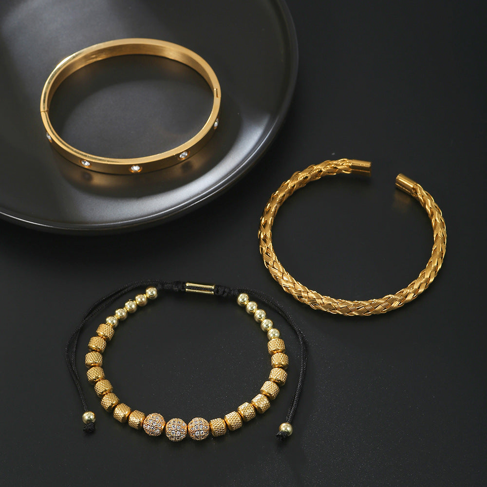 Geometric Round Stainless Steel Plated Bracelet Set with Cubic Zirconia Beads and Roman Numerals for Men and Women