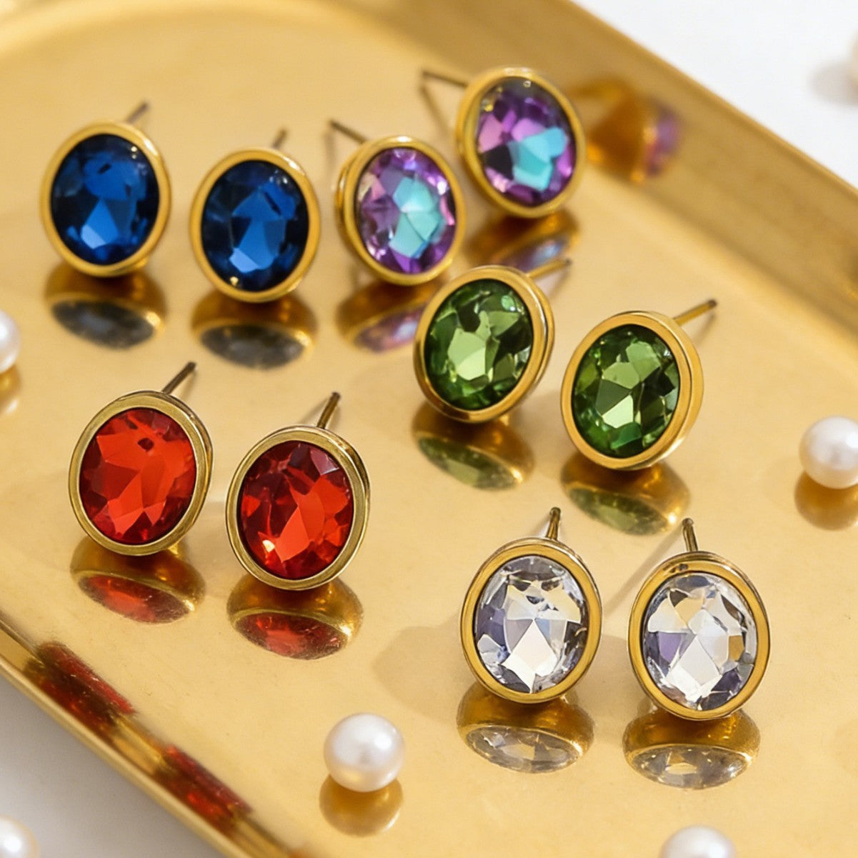 Minimalist Elegant Geometric Oval Stainless Steel Gold Plated Cubic Zirconia Stud Earrings