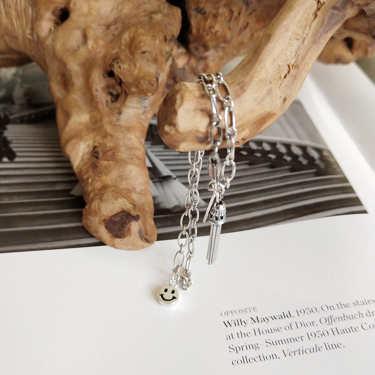 Pulsera Borla con Cara Sonriente Minimalista Vintage de Plata Esterlina 925 para Mujer