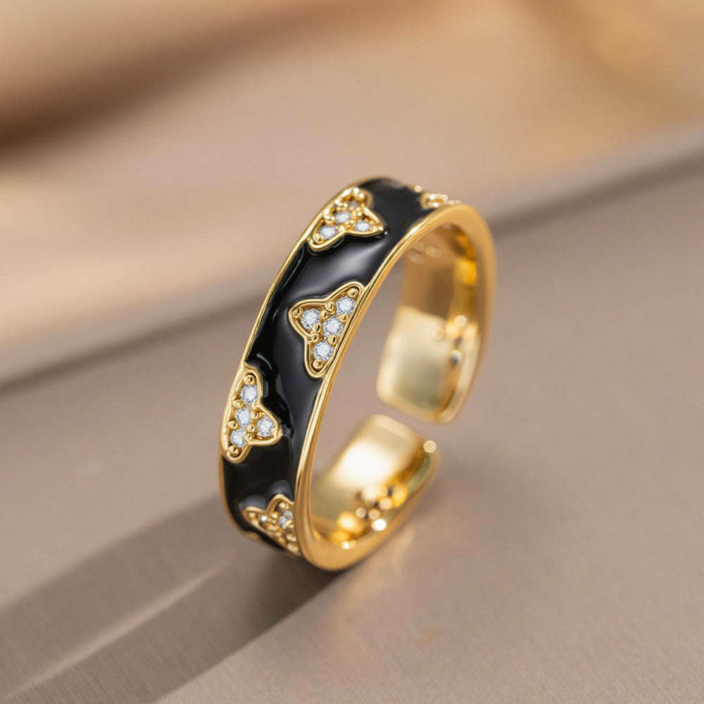 Fashion Luxury Geometric Irregular Enamel Zircon 18K Gold Plated PVD Copper Open Ring for Unisex